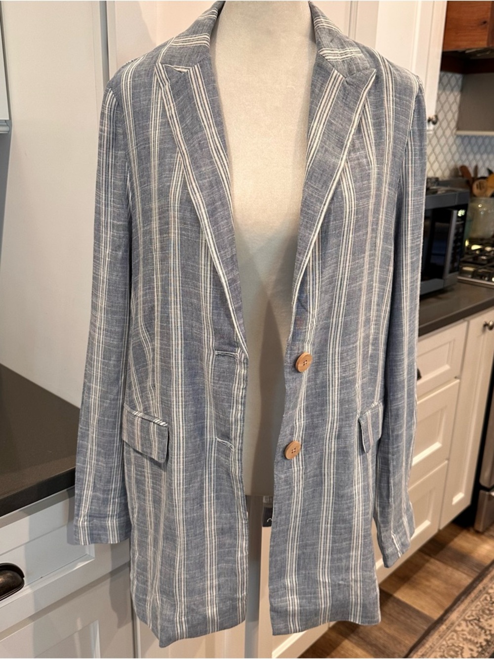 MNG Casual Blue White Striped Linen Blend Blazer Jacket Womens S Lightweight NEW